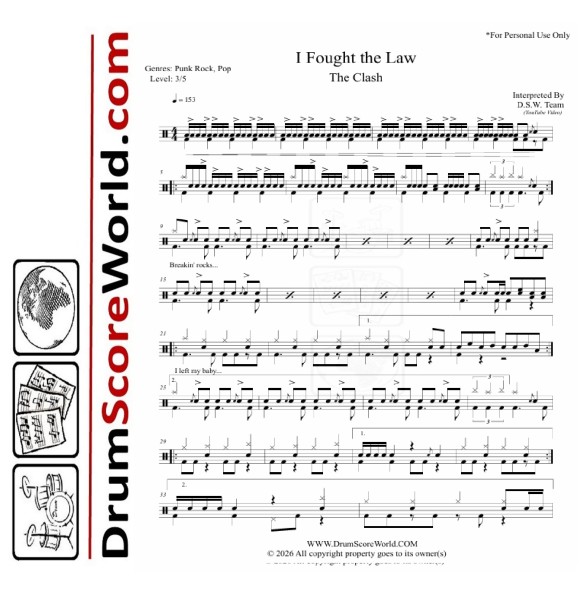The Clash - I Fought the Law - Drum Sheet + Play-Along Track